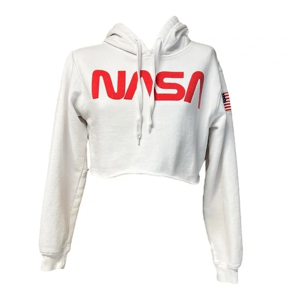 Chemistry Small White Cropped NASA Hoodie American Flag Casual - Picture 2 of 9